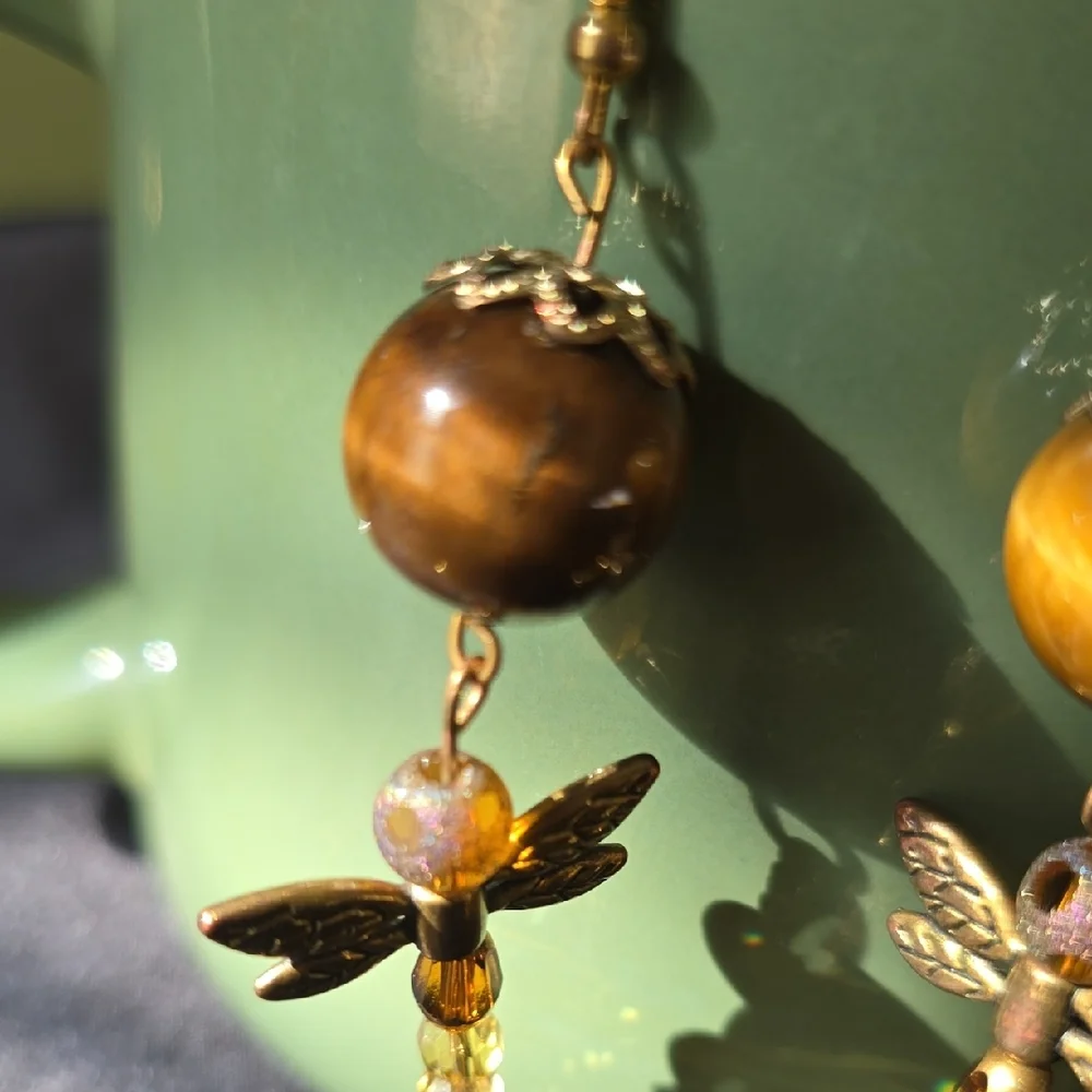Golden Dragonfly Earrings with Brown Accents - Picture 3 of 4